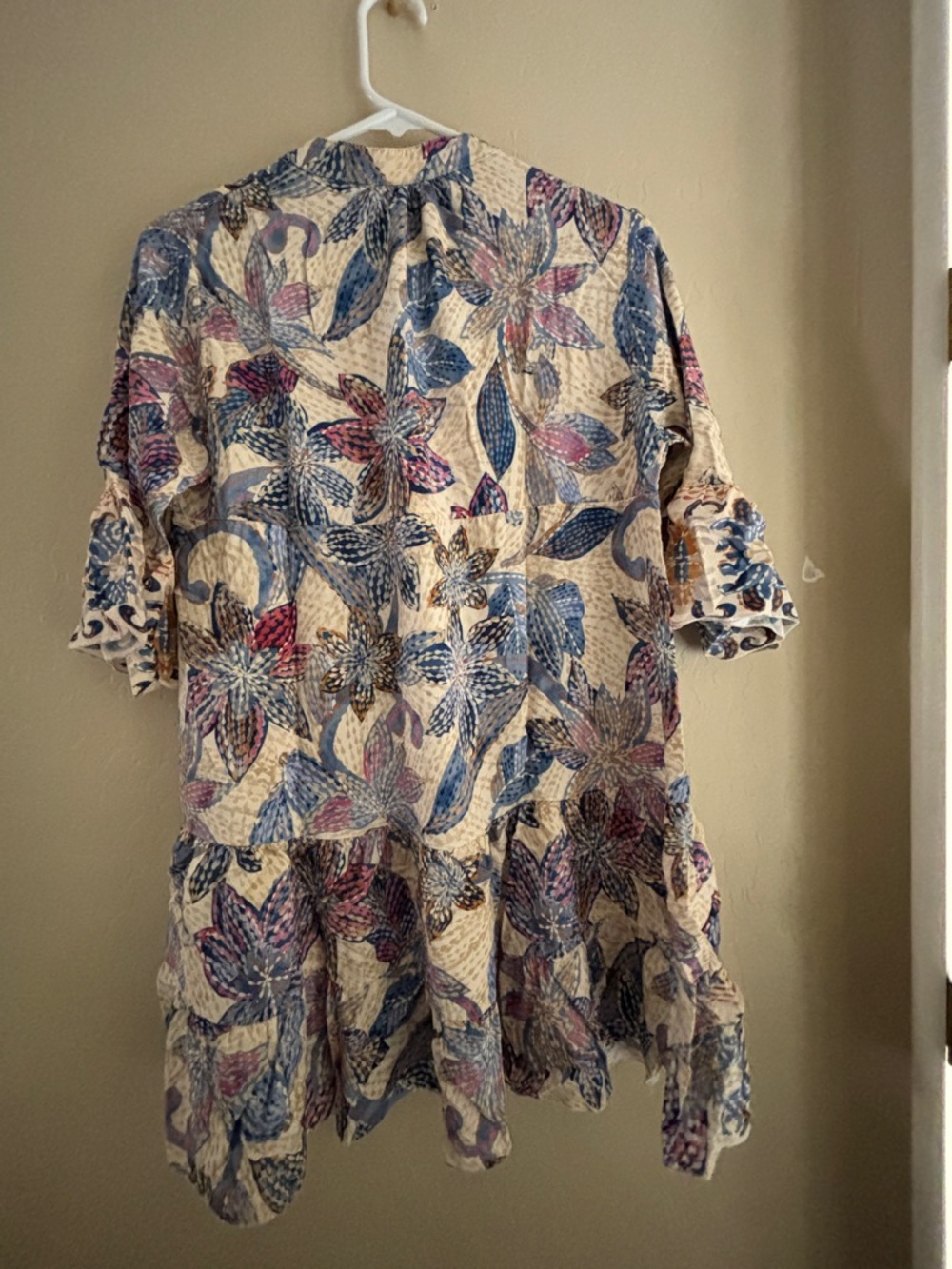 Made in Italy Bohemian Floral Tiered Mini Dress in Cream, Blue & Pink Women’s M - Picture 2 of 13
